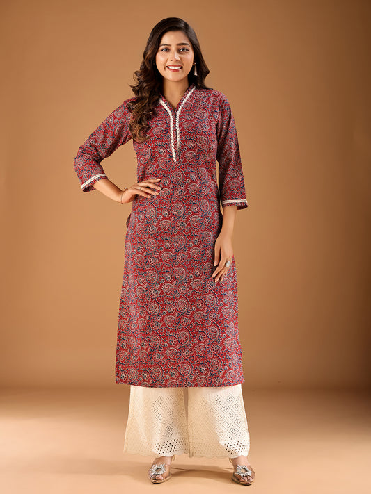 Ethnic Motifs Printed V-Neck Cotton Straight Kurta