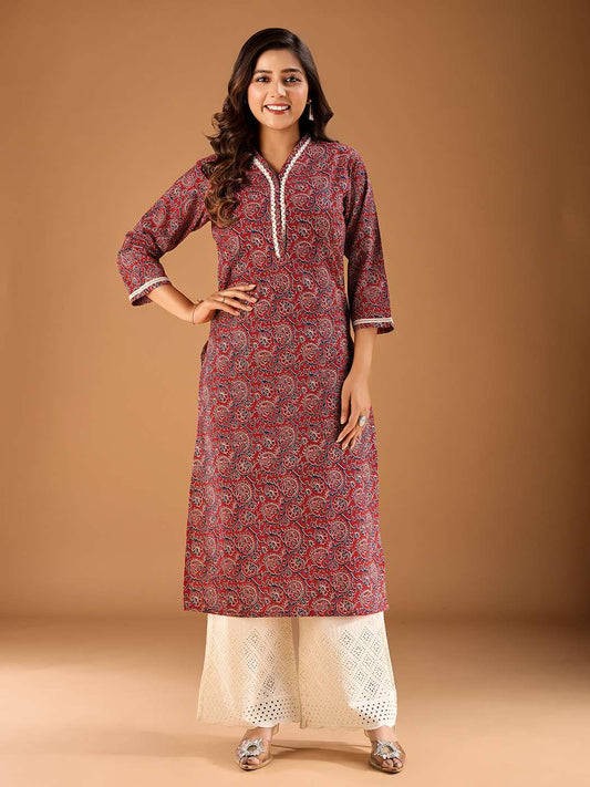 Ethnic Motifs Printed V-Neck Cotton Straight Kurta