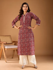 Ethnic Motifs Printed V-Neck Cotton Straight Kurta