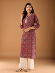 Ethnic Motifs Printed V-Neck Cotton Straight Kurta