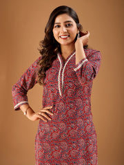 Ethnic Motifs Printed V-Neck Cotton Straight Kurta