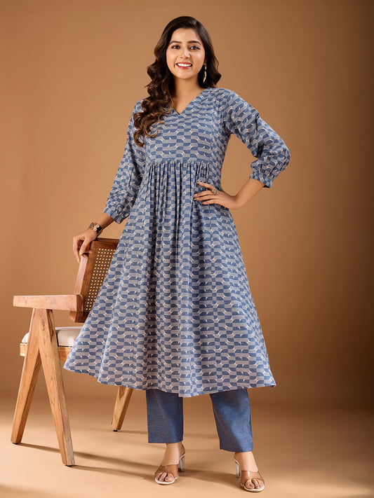 Geometric Printed V-Neck A-Line Kurta