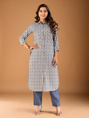 Geometric Printed Shirt Collar Roll-Up Sleeves Straight Kurta