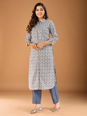 Geometric Printed Shirt Collar Roll-Up Sleeves Straight Kurta