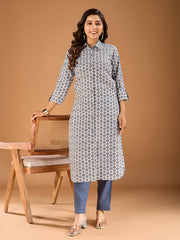 Geometric Printed Shirt Collar Roll-Up Sleeves Straight Kurta