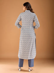 Geometric Printed Shirt Collar Roll-Up Sleeves Straight Kurta