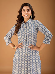 Geometric Printed Shirt Collar Roll-Up Sleeves Straight Kurta