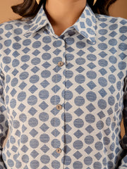Geometric Printed Shirt Collar Roll-Up Sleeves Straight Kurta