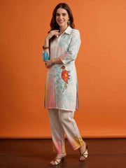 Floral Linen Colourblocked Top with Trousers
