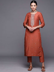 Floral Embroidered Thread Work Straight Kurta with Trousers