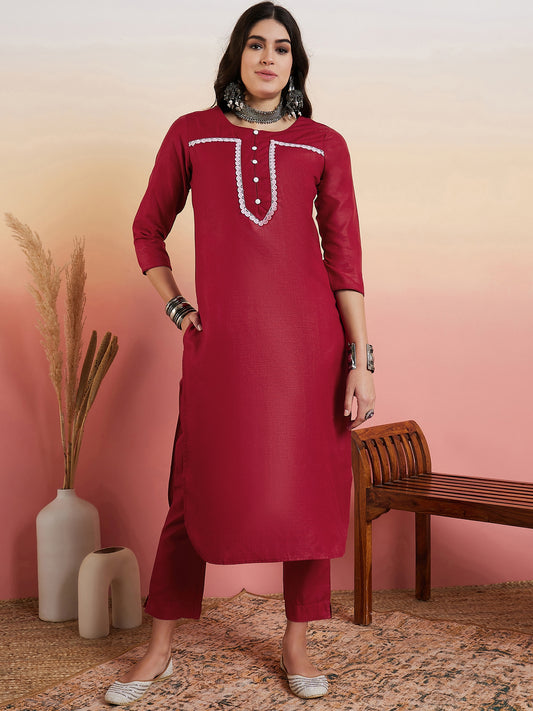 Maroon Yoke Design Regular Thread Work Kurta With Trousers