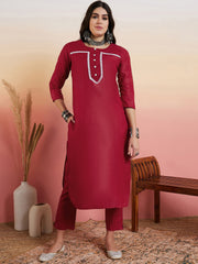 Maroon Yoke Design Regular Thread Work Kurta With Trousers