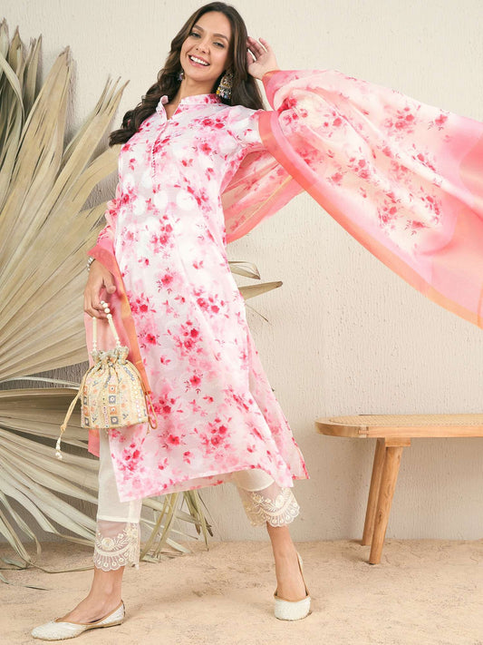 White & pink Floral Printed Mandarin Collar Regular Kurta & Trousers & Dupatta