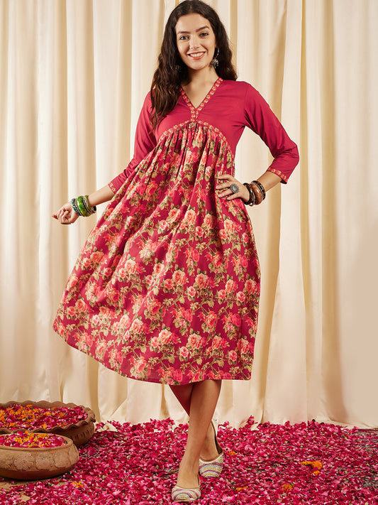 Floral Printed Pure Cotton Empire A-Line Ethnic Dress