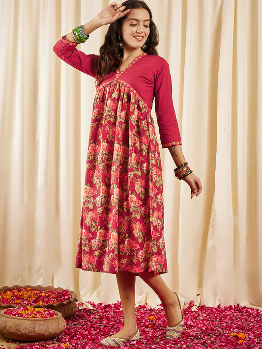 Floral Printed Pure Cotton Empire A-Line Ethnic Dress
