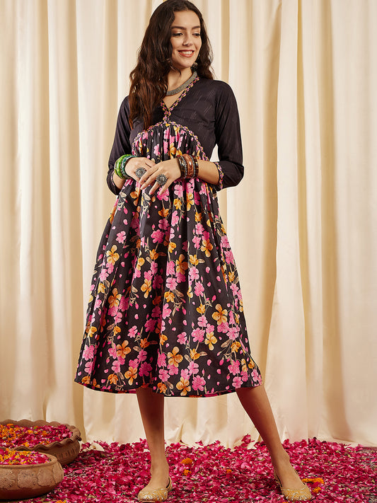 Floral Printed Pure Cotton Empire A-Line Midi Dress