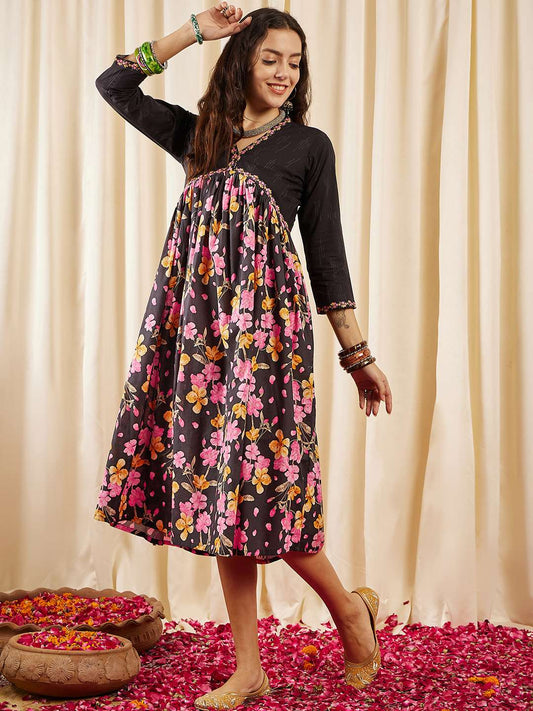 Floral Printed Pure Cotton Empire A-Line Midi Dress