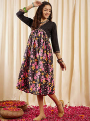 Floral Printed Pure Cotton Empire A-Line Midi Dress