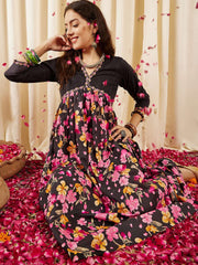 Floral Printed Pure Cotton Empire A-Line Midi Dress