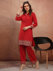 Women Floral Thread Button Detailed Top with Palazzo Co-Ords Set