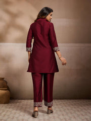 Embroidered Shirt Collar A-Line Top & Trousers Co-Ords