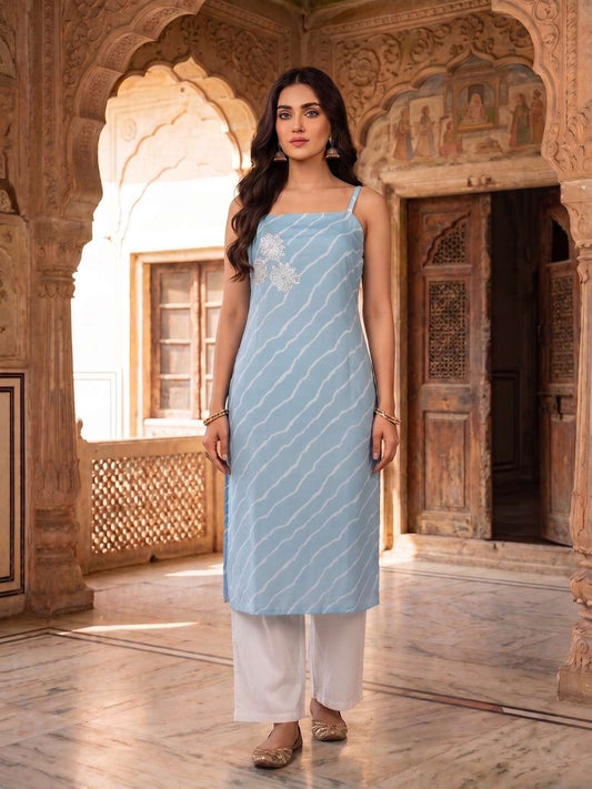 Women Leheriya Dyed Regular Beads and Stones Kurta with Palazzos