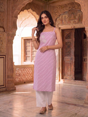 Women Leheriya Dyed Regular Thread Work Kurta with Trousers