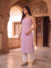 Women Leheriya Dyed Regular Thread Work Kurta with Trousers
