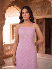 Women Leheriya Dyed Regular Thread Work Kurta with Trousers