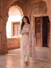 Women Floral Printed Regular Thread Work Kurta with Trousers & With Dupatta