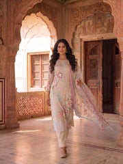 Women Floral Printed Regular Thread Work Kurta with Trousers & With Dupatta