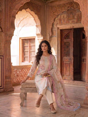 Women Floral Printed Regular Thread Work Kurta with Trousers & With Dupatta
