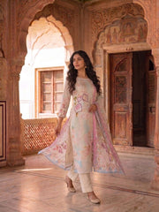 Women Floral Printed Regular Thread Work Kurta with Trousers & With Dupatta