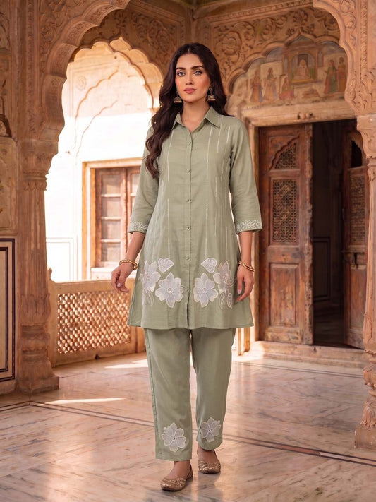 Floral Embroidered Tunic with Trousers