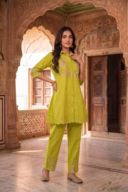 Floral Embroidered Shirt with Trousers