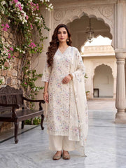 Women Floral Printed Regular Thread Work Linen Kurta with Trousers & With Dupatta