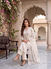 Women Floral Printed Regular Thread Work Linen Kurta with Trousers & With Dupatta
