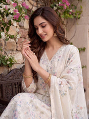 Women Floral Printed Regular Thread Work Linen Kurta with Trousers & With Dupatta