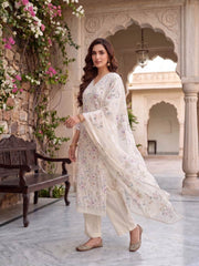 Women Floral Printed Regular Thread Work Linen Kurta with Trousers & With Dupatta