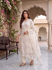 Women Floral Printed Regular Thread Work Linen Kurta with Trousers & With Dupatta