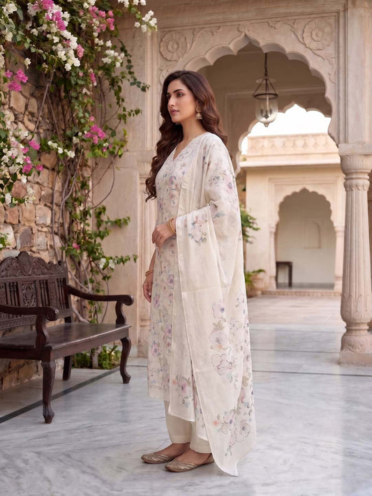 Women Floral Printed Regular Thread Work Linen Kurta with Trousers & With Dupatta