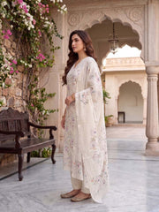 Women Floral Printed Regular Thread Work Linen Kurta with Trousers & With Dupatta