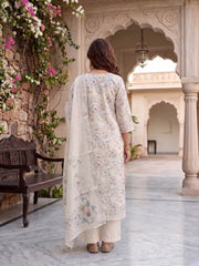 Women Floral Printed Regular Thread Work Linen Kurta with Trousers & With Dupatta