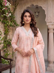 Women Floral Printed Regular Linen Kurta with Trousers & With Dupatta