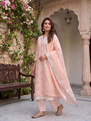 Women Floral Printed Regular Linen Kurta with Trousers & With Dupatta