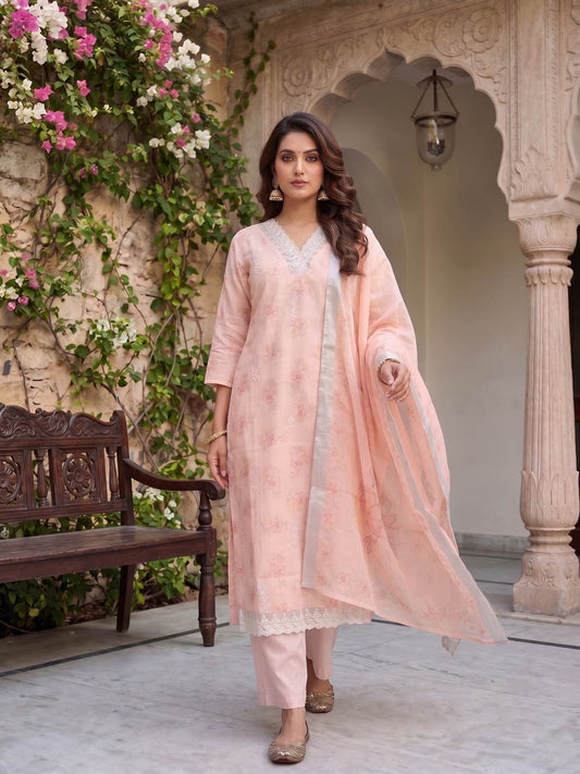 Women Floral Printed Regular Linen Kurta with Trousers & With Dupatta