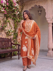 Women Floral Printed Regular Thread Work Pure Silk Kurta with Trousers & With Dupatta
