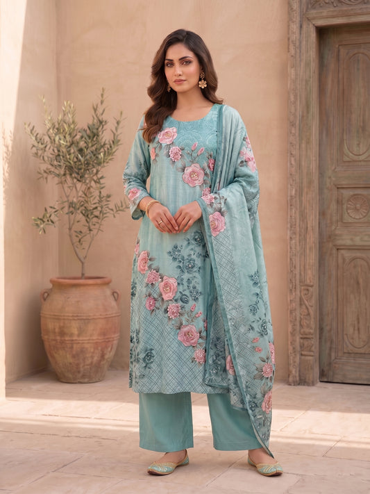 Women Floral Printed Regular Pure Silk Kurta with Palazzos & With Dupatta