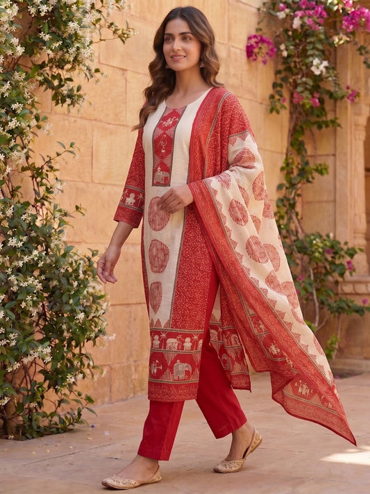 Women Ethnic Motifs Printed Regular Pure Silk Kurta with Trousers & With Dupatta