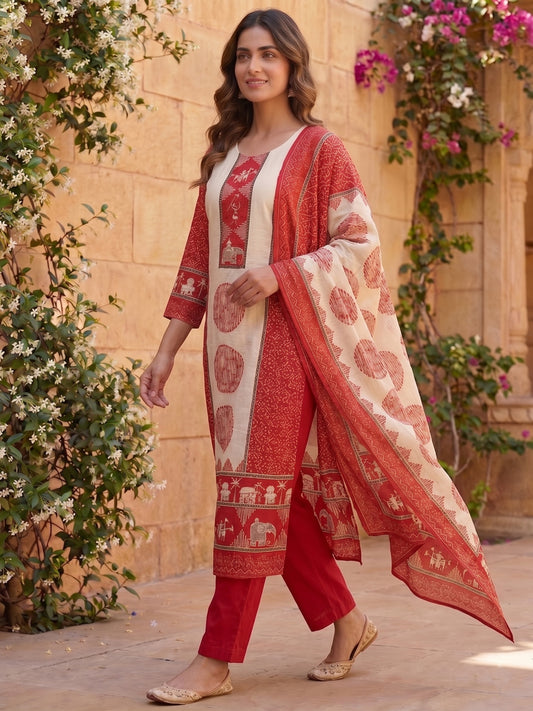 Women Ethnic Motifs Printed Regular Pure Silk Kurta with Trousers & With Dupatta